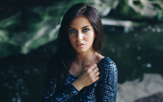 Woman blue dress waterfall portrait free wallpaper for desktop - medium preview image