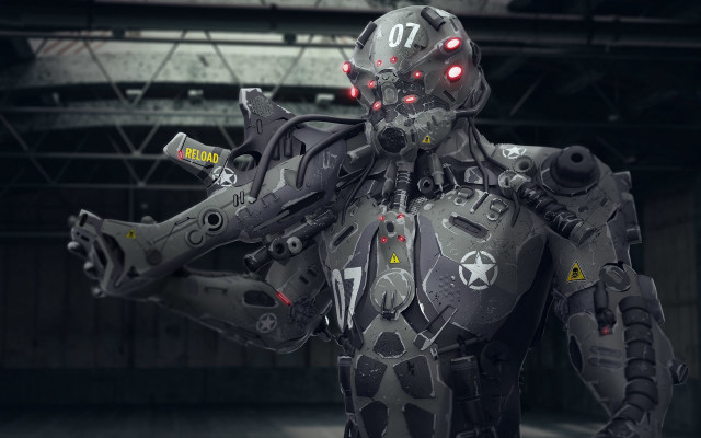 Red eyed metal robot cyborg free wallpaper for desktop - medium preview image