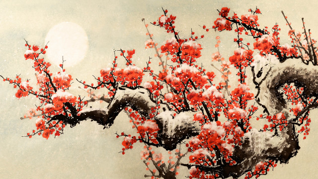 Tree red flowers snow moon free wallpaper for desktop - medium preview image