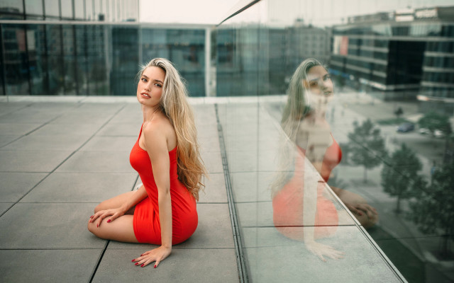 Red dress woman reflection rooftop free wallpaper for desktop - medium preview image