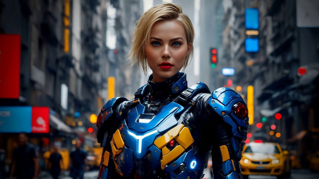 Futuristic woman cyberpunk city blonde free wallpaper for desktop - medium preview image