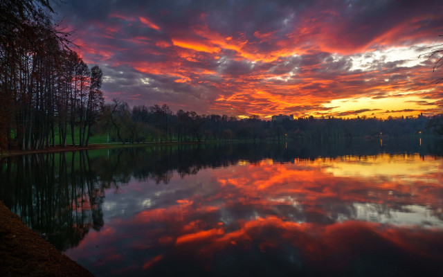 Sunset lake trees clouds reflection #3 free wallpaper for desktop - medium preview image