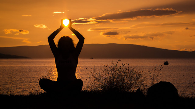 Woman sunset hill water mountains free wallpaper for desktop - medium preview image