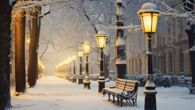 Snowy street bench lamps night free wallpaper for desktop - medium preview image
