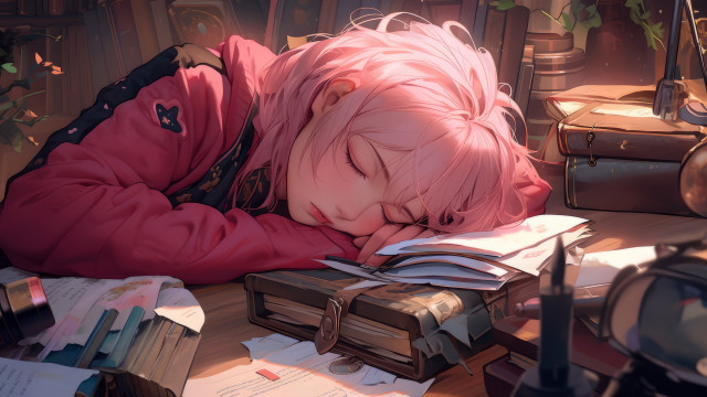 Girl sleeping books desk fantasy free wallpaper for desktop - medium preview image