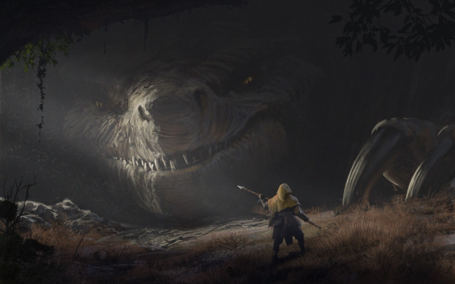 Person dinosaur forest night blonde free wallpaper for desktop - medium preview image