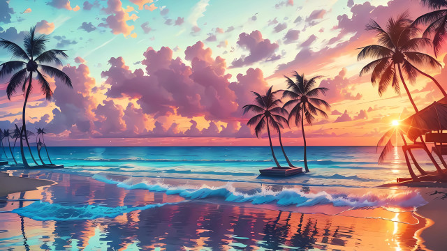Beach sunset palm trees boat free wallpaper for desktop - medium preview image
