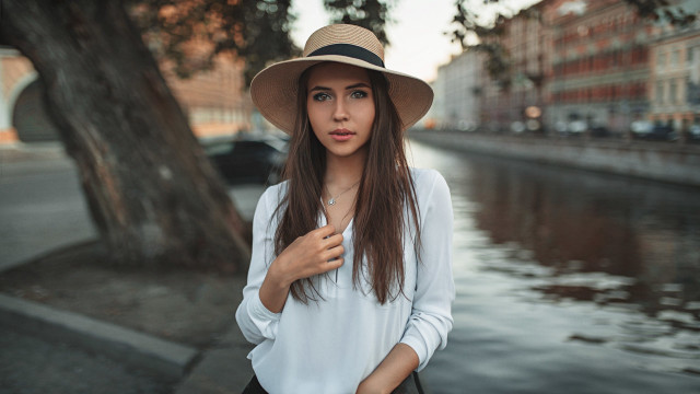 Woman hat street tree water free wallpaper for desktop - medium preview image