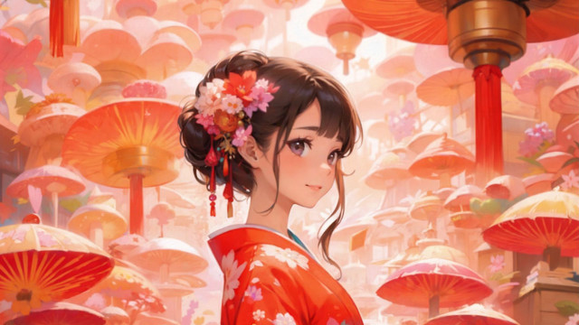 Woman kimono umbrella flower anime free wallpaper for desktop - medium preview image