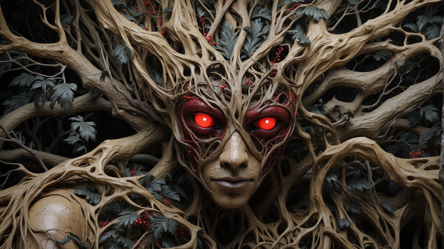 Creepy face red eyes trees free wallpaper for desktop - medium preview image