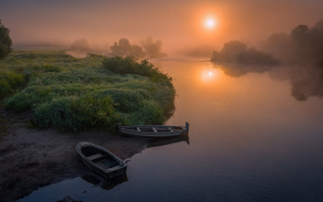 Boat shore river sunset fog free wallpaper for desktop - medium preview image