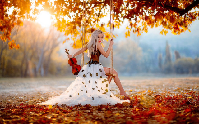 Woman swing park violin autumn free wallpaper for desktop - medium preview image