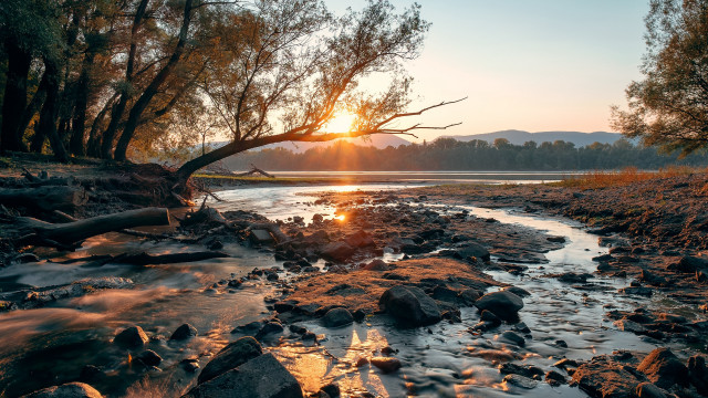 Sunset river woods mountains autumn free wallpaper for desktop - medium preview image