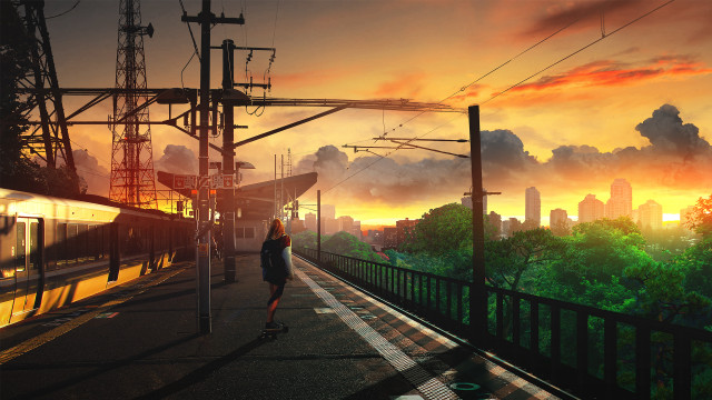 Train platform sunset cityscape railway free wallpaper for desktop - medium preview image
