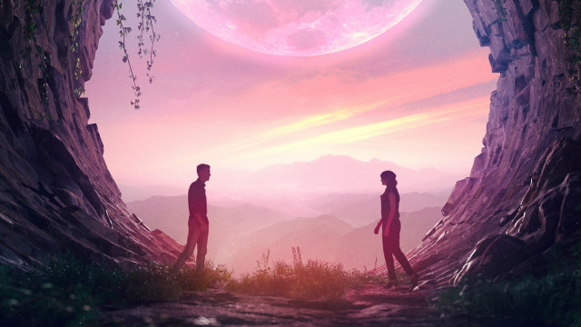 Cave two people mountains moon free wallpaper for desktop - medium preview image