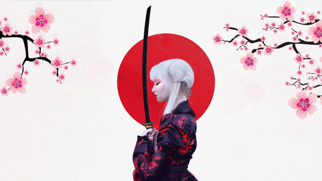 Woman kimono sword cherry blossoms free wallpaper for desktop - medium preview image