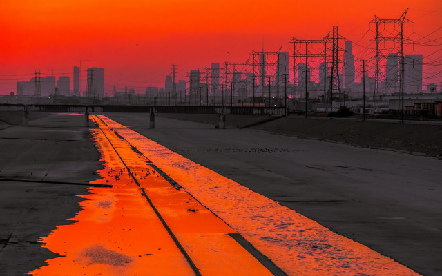 Sunset traintrack redsky mattepainting saturatedcolors free wallpaper for desktop - medium preview image