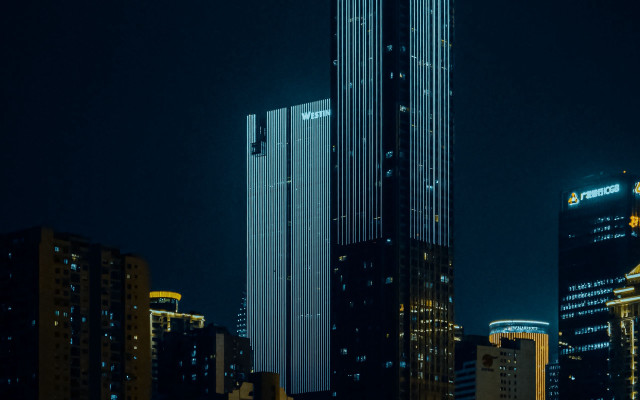 City skyline night neon brutalism free wallpaper for desktop - medium preview image