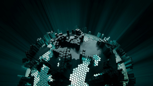 Person holding phone globe hexagons free wallpaper for desktop - medium preview image