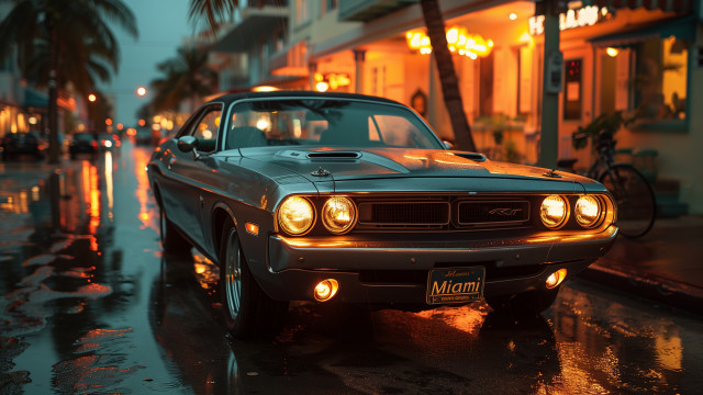 Wet street night palm building free wallpaper for desktop - medium preview image