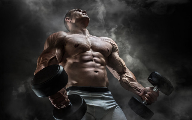 Muscular man dumbbells smokey background free wallpaper for desktop - medium preview image