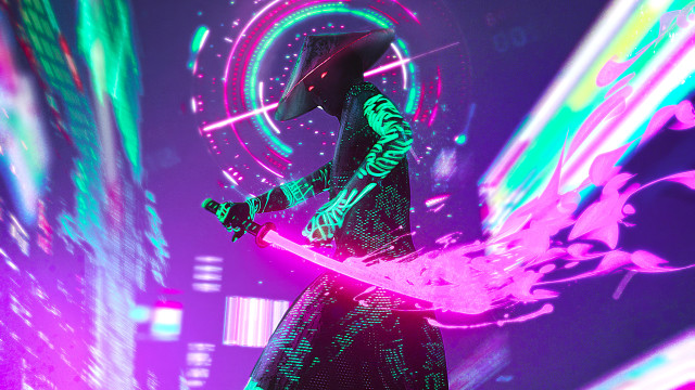 Futuristic woman neon sword cyberpunk free wallpaper for desktop - medium preview image