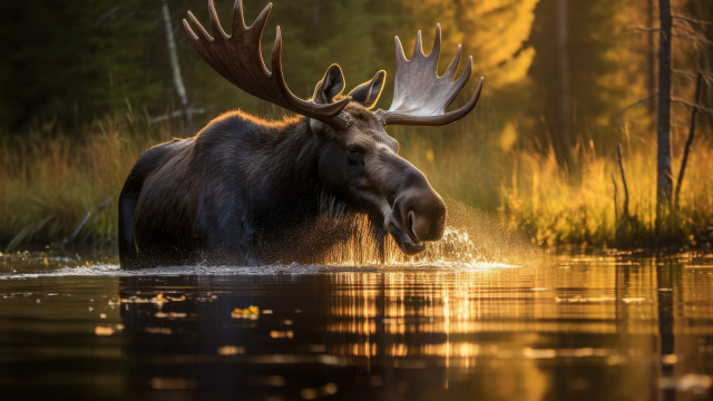 Moose wading water antlers cityscape free wallpaper for desktop - medium preview image