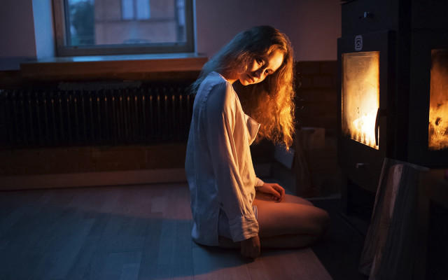 Woman sitting fireplace candle art free wallpaper for desktop - medium preview image