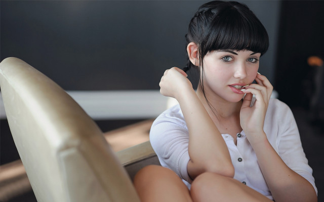 Serious asian woman chair black free wallpaper for desktop - medium preview image
