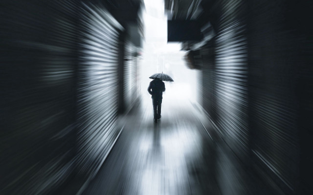 Walking umbrella dark alley rain free wallpaper for desktop - medium preview image