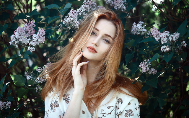 Red haired woman purple flowers free wallpaper for desktop - medium preview image