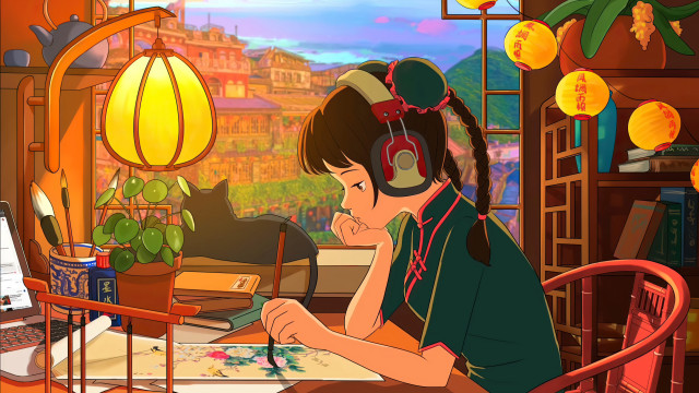 Girl headphones laptop cat chinese free wallpaper for desktop - medium preview image