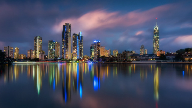 City skyline reflection night colorful free wallpaper for desktop - medium preview image