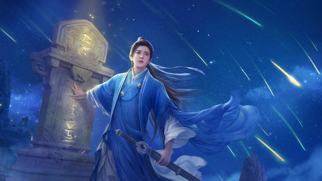 Woman blue dress sword statue free wallpaper for desktop - medium preview image