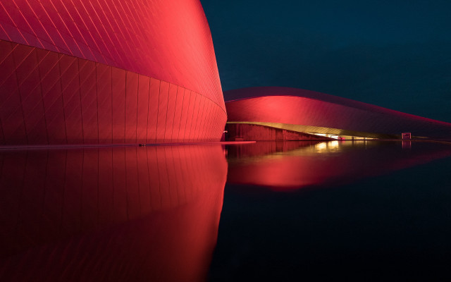 Red building reflection night hypermodernism free wallpaper for desktop - medium preview image