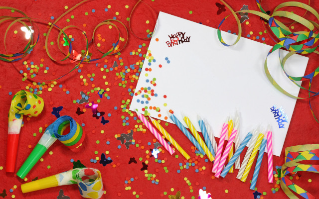 Birthday card confetti streamers red free wallpaper for desktop - medium preview image