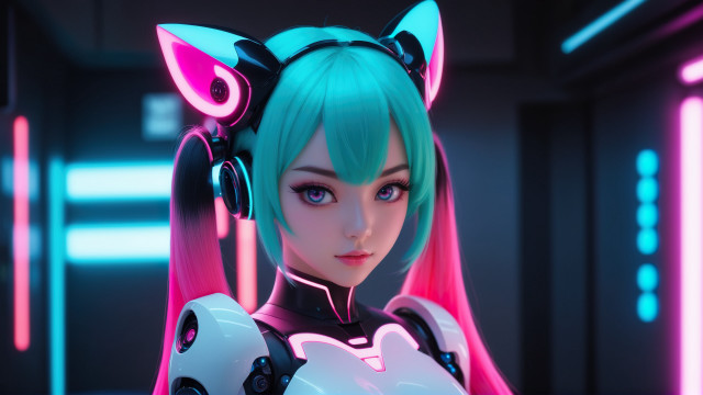 Futuristic greenhair neon cyberpunk ears free wallpaper for desktop - medium preview image