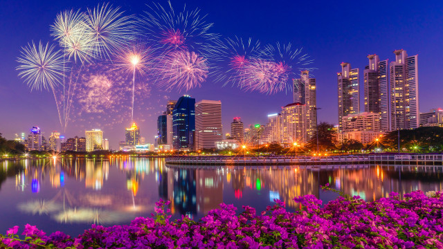 City skyline lake fireworks flowers free wallpaper for desktop - medium preview image