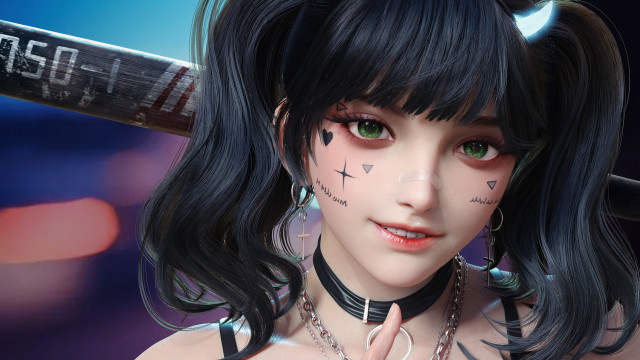 Woman baseballbat cross face portrait free wallpaper for desktop - medium preview image