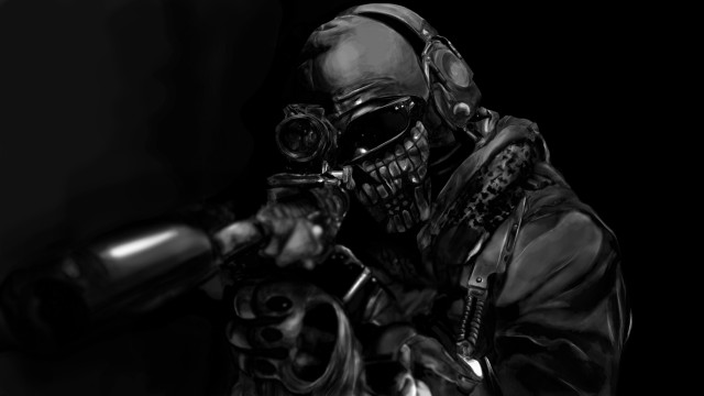Man gasmask gun blackwhite photorealism free wallpaper for desktop - medium preview image