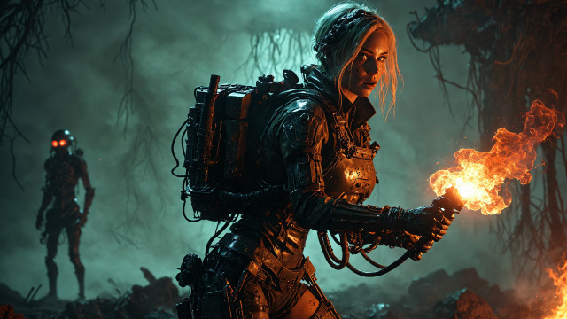 Futuristic woman fireball forest cyberpunk free wallpaper for desktop - medium preview image