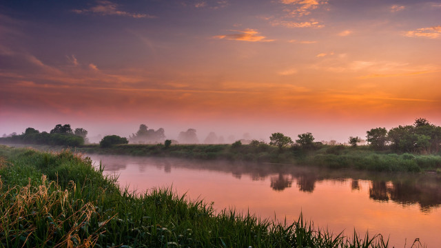 River trees grass sunset foggy free wallpaper for desktop - medium preview image