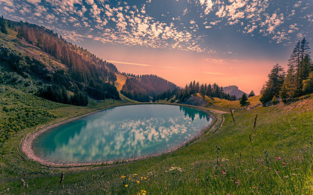 Lake green hillside cloudy sky free wallpaper for desktop - medium preview image