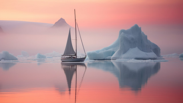 Sailboat icebergs mountains sunset pink free wallpaper for desktop - medium preview image