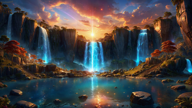 Waterfall sunset mountain city fire free wallpaper for desktop - medium preview image