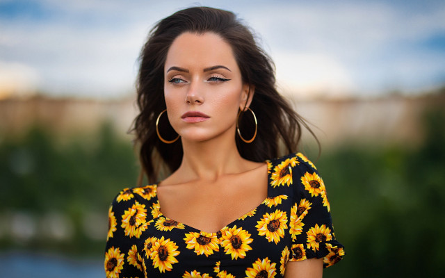 Woman sunflower dress hoop earrings free wallpaper for desktop - medium preview image