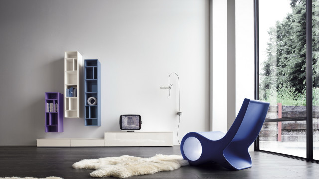 Blue chair white rug bookshelf free wallpaper for desktop - medium preview image