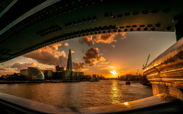 City skyline water sunset bridge free wallpaper for desktop - medium preview image