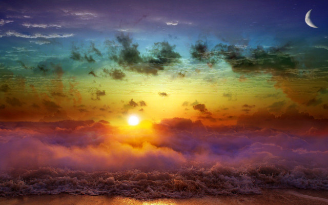 Sunset water clouds moon city free wallpaper for desktop - medium preview image