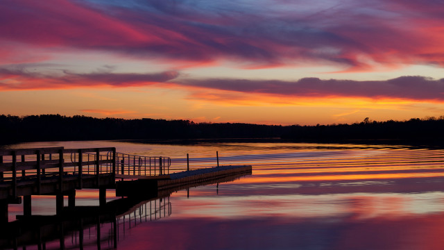 Lake dock sunset bridge city free wallpaper for desktop - medium preview image